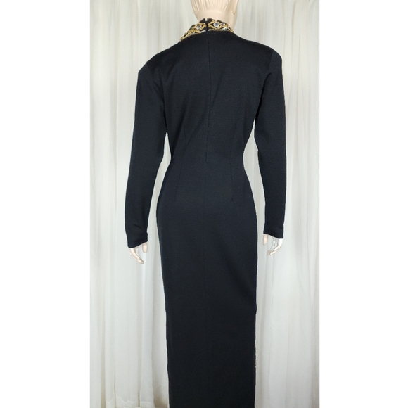 Vtg 80s black beaded wool wiggle cocktail dress evening gown M - Picture 5 of 10